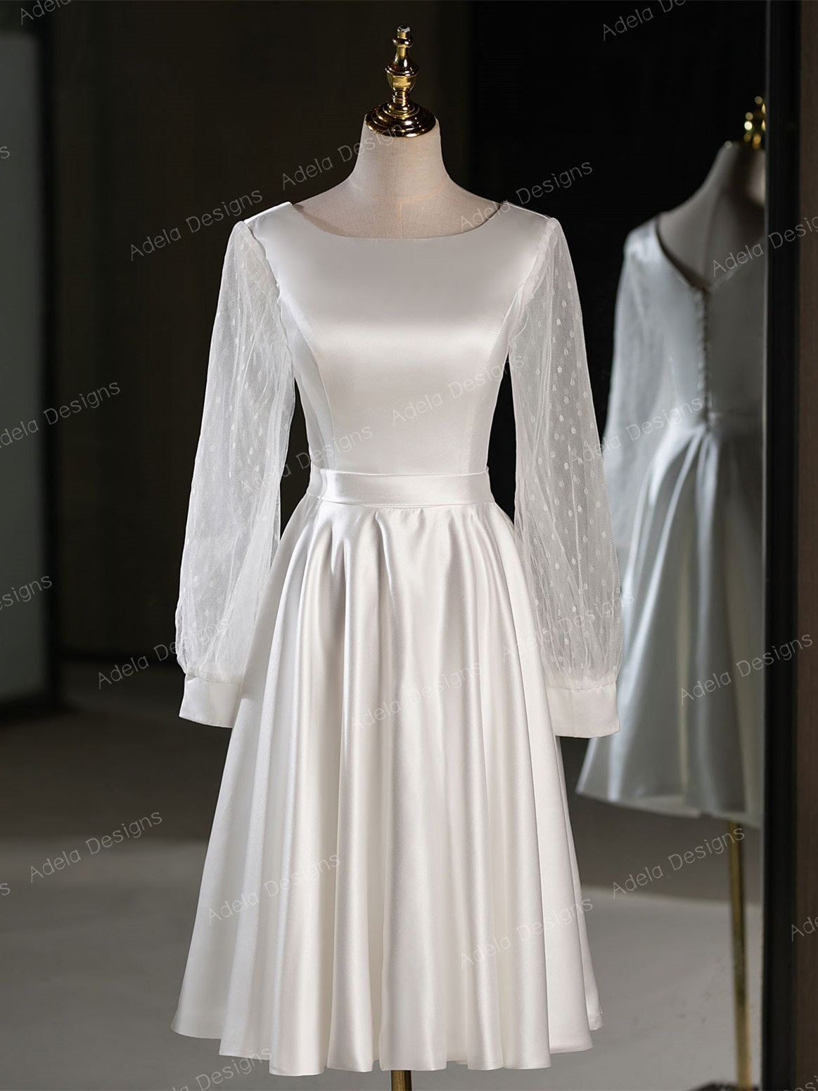 71861- Elegant, long sleeve midi wedding gown