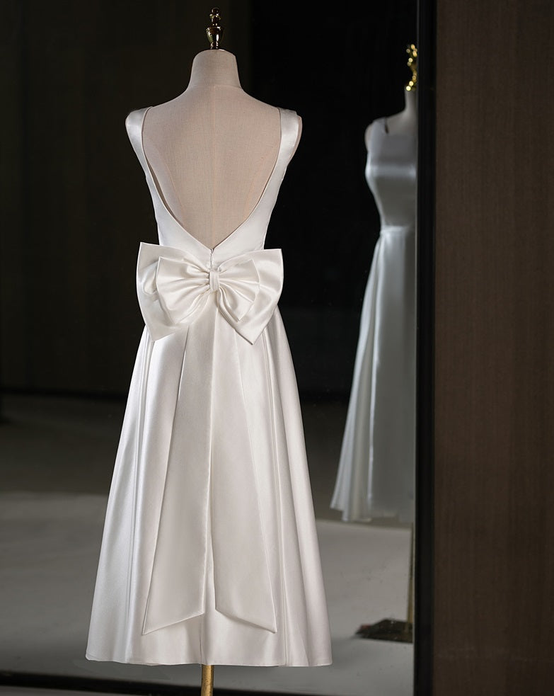 71866- Simple satin midi wedding dress with square neckline