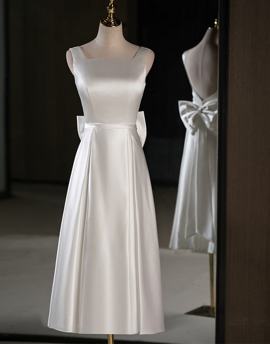 71866- Simple satin midi wedding dress with square neckline