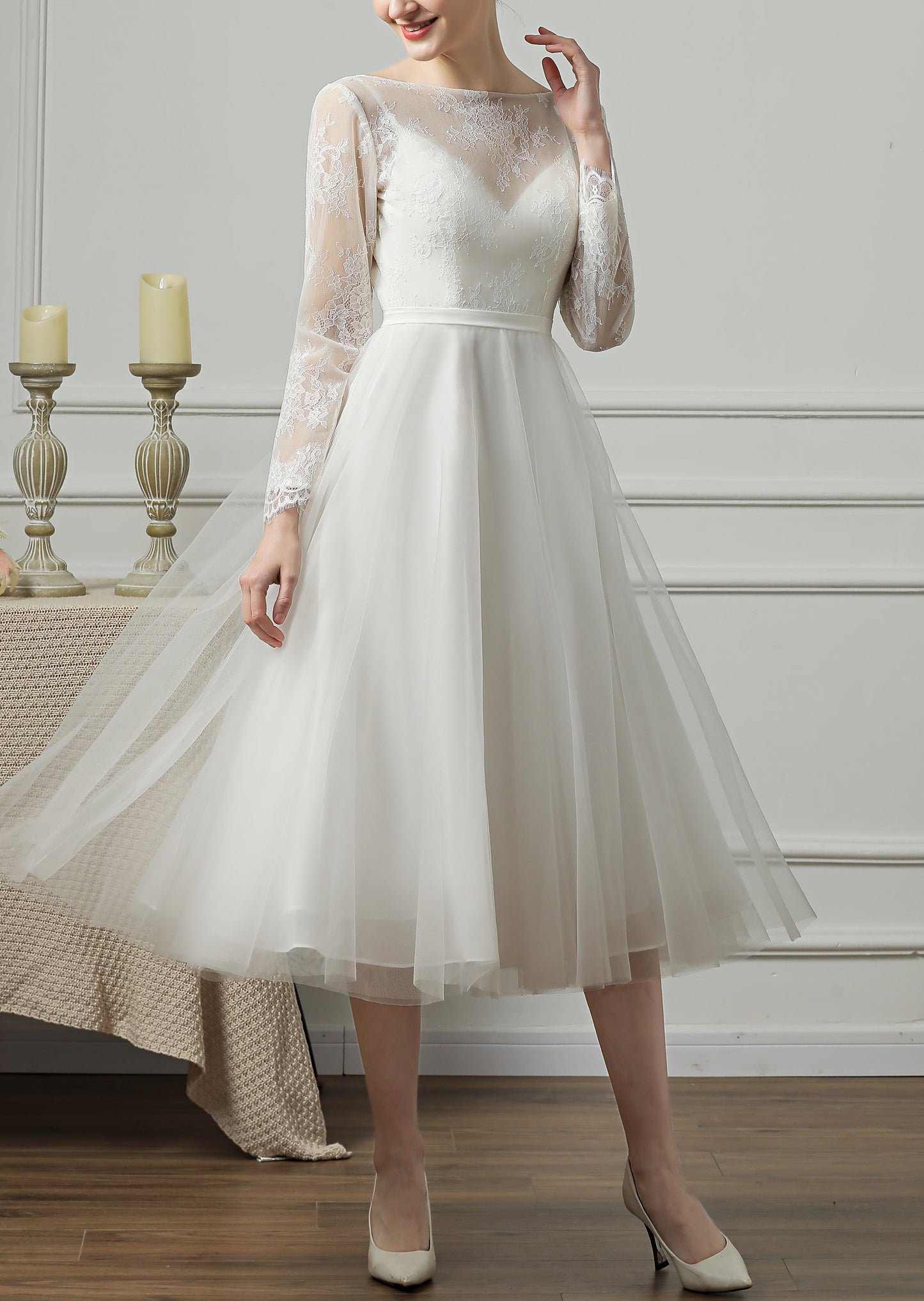 71869- Elegant, long sleeve midi wedding gown