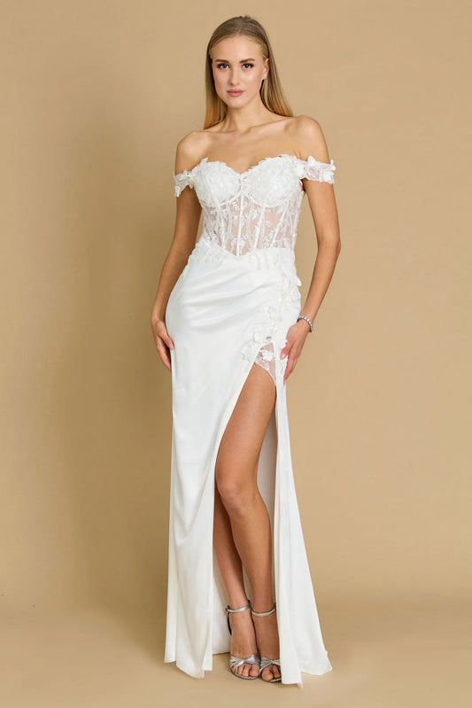 71892 ivory satin, corset, fitted, split, detailed bodice