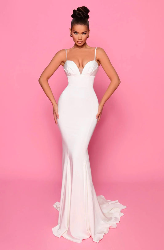71910 ivory satin/crepe blend. Fitted. Flattering waistline