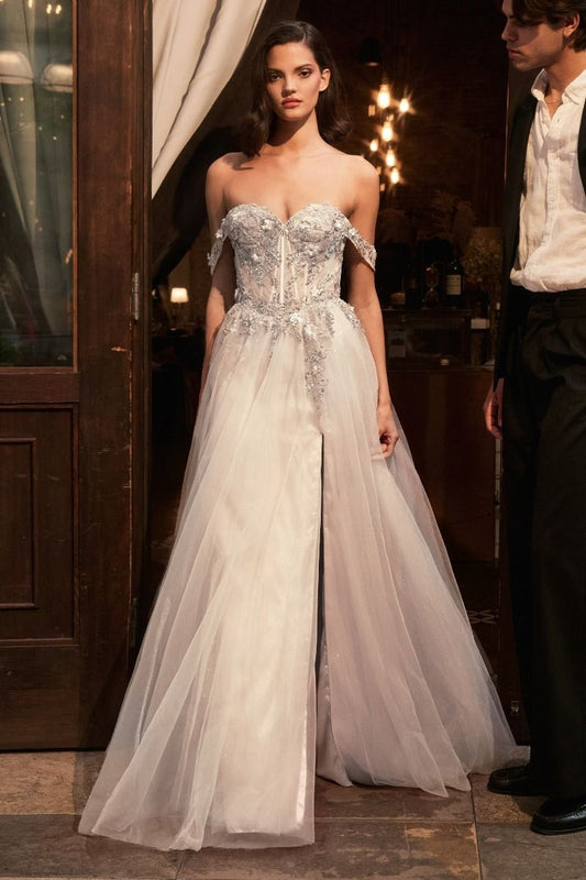 71920  Sweetheart with off shoulder. Beautiful beading.