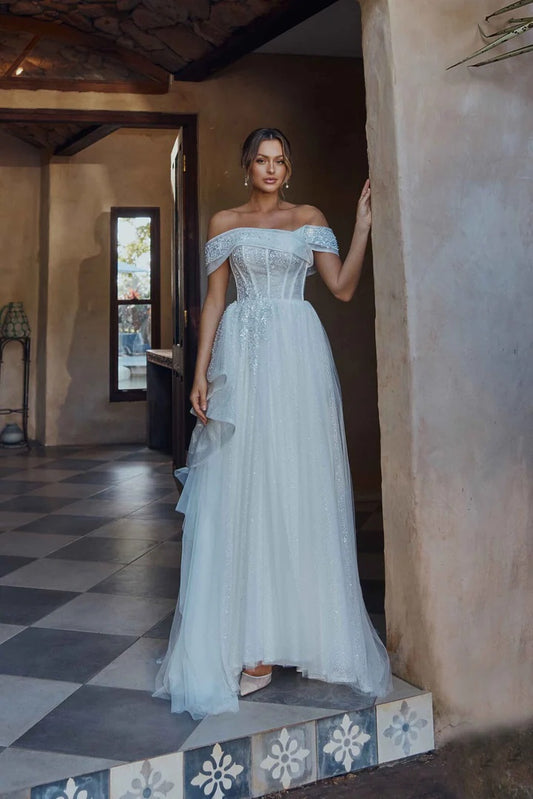 71940  Off shoulder princess with spectacular beadwork.