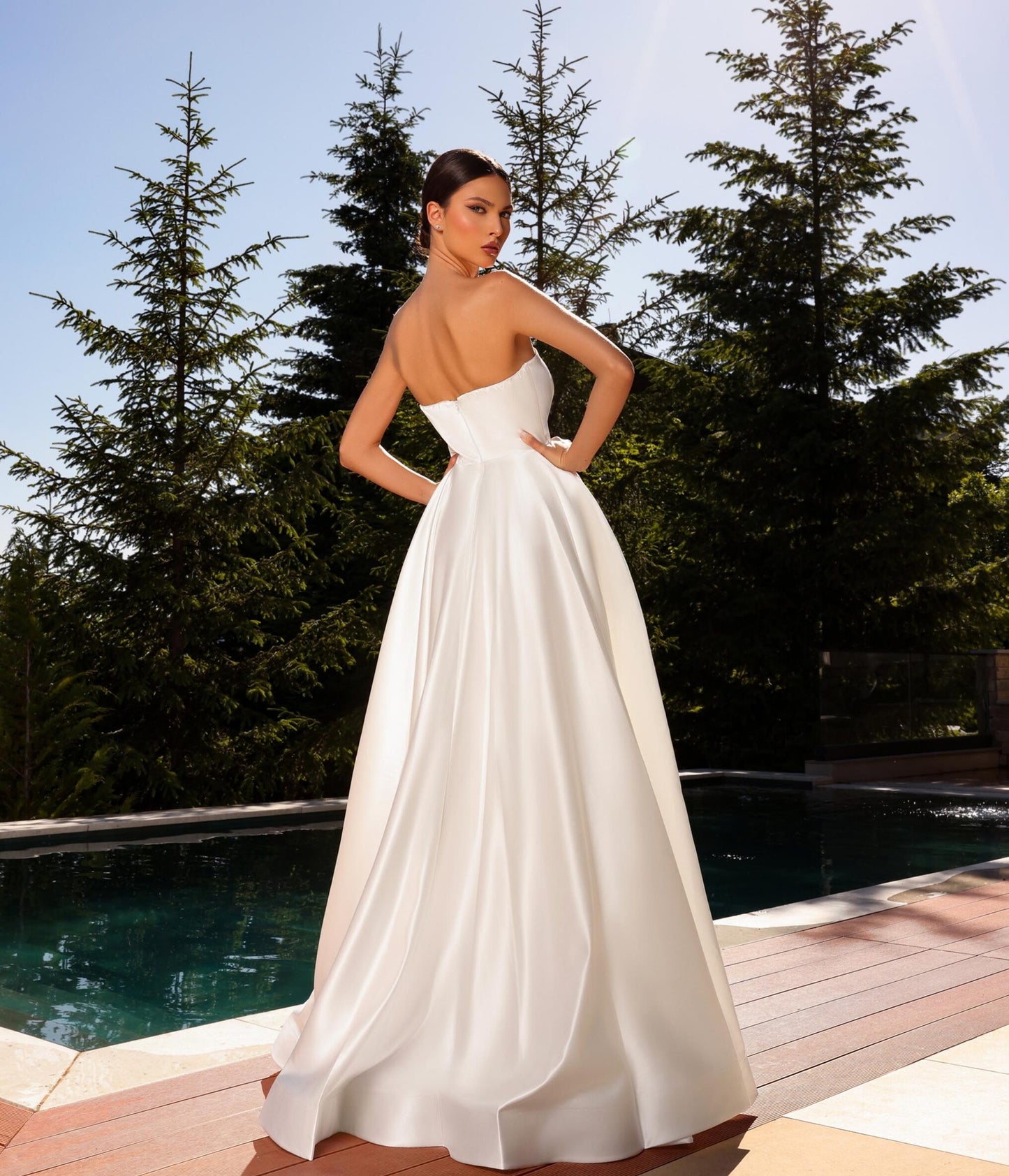 72012 strapless satin with stunning appliqué