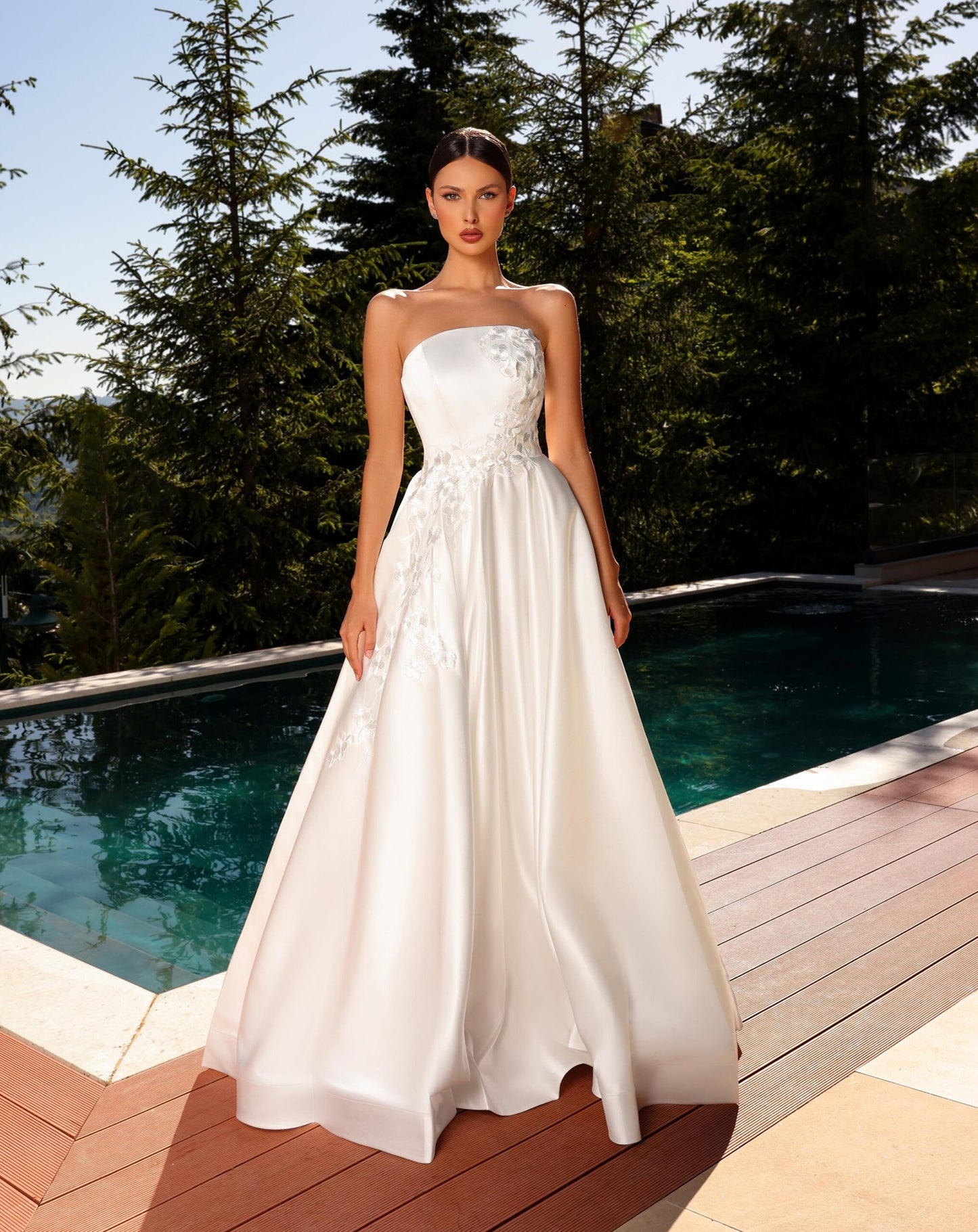 72012 strapless satin with stunning appliqué