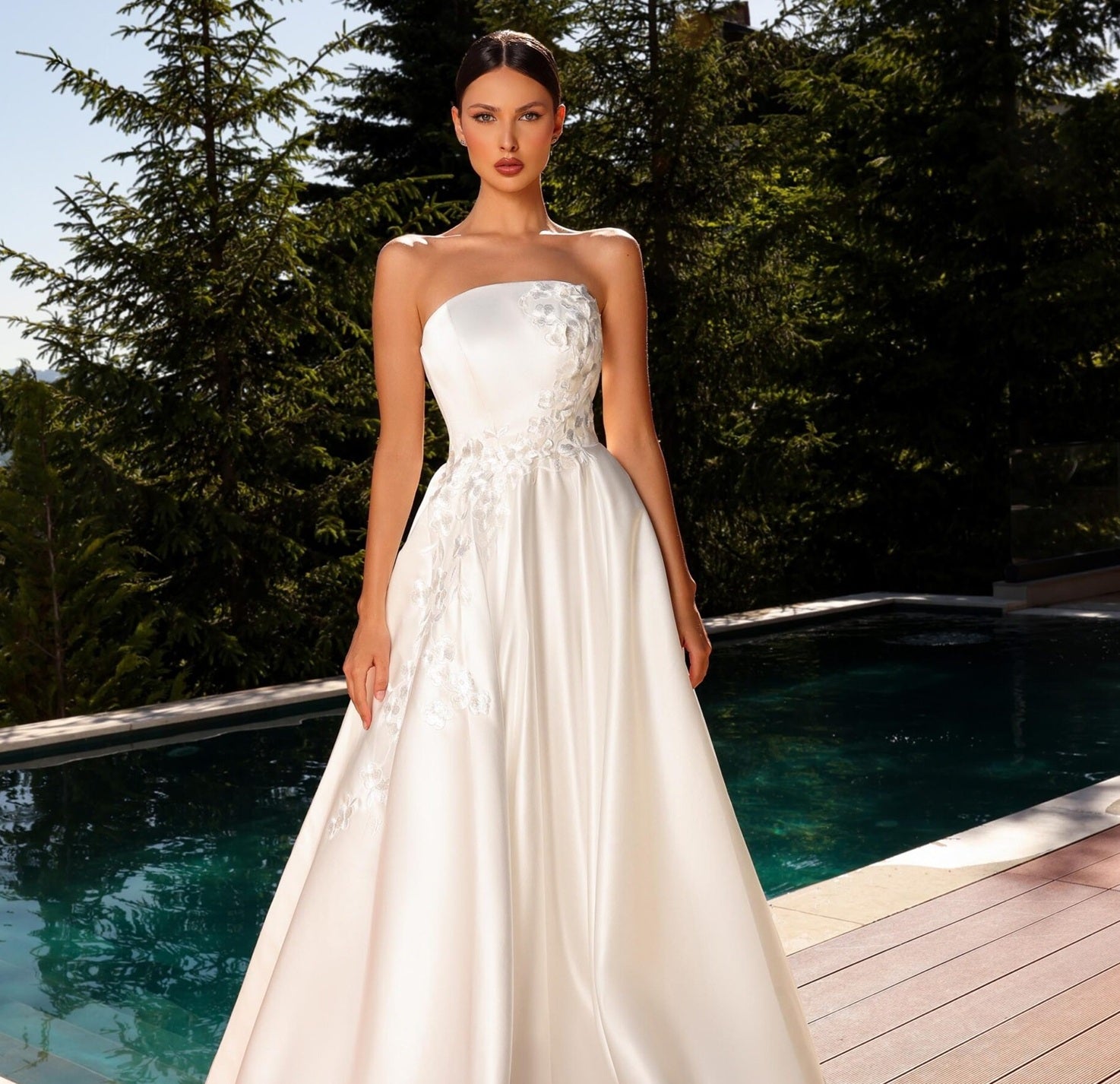 72012 strapless satin with stunning appliqu  Bridal & Ball New Zealand