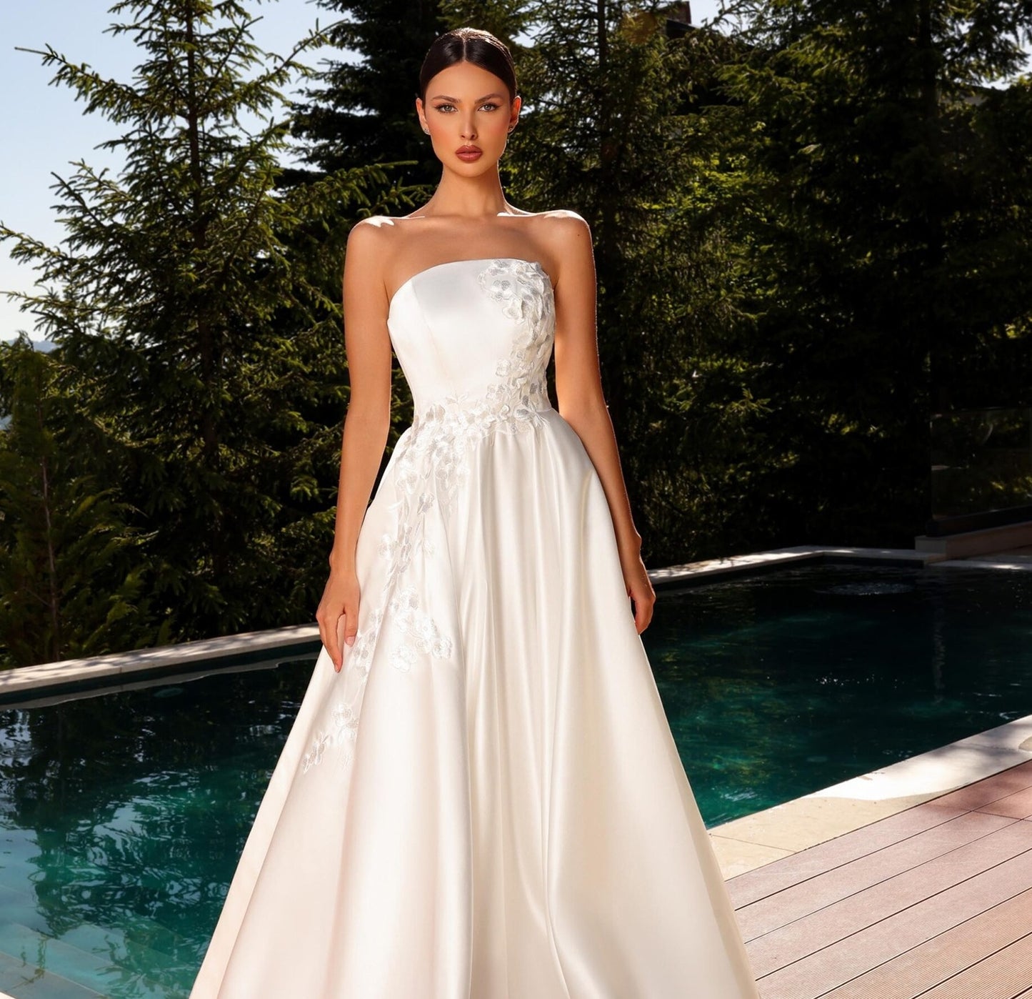 72012 strapless satin with stunning appliqué