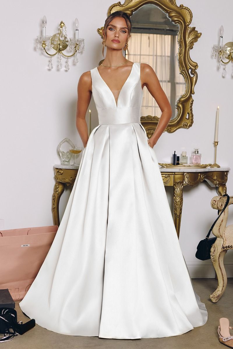 72022 Stunning V neckline. Mikado satin gown