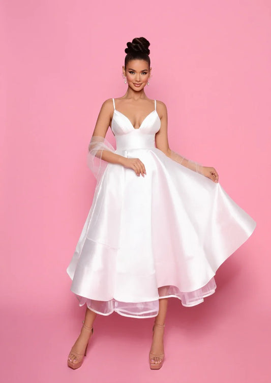72025 - gorgeous, mikado satin, midi wedding gown.