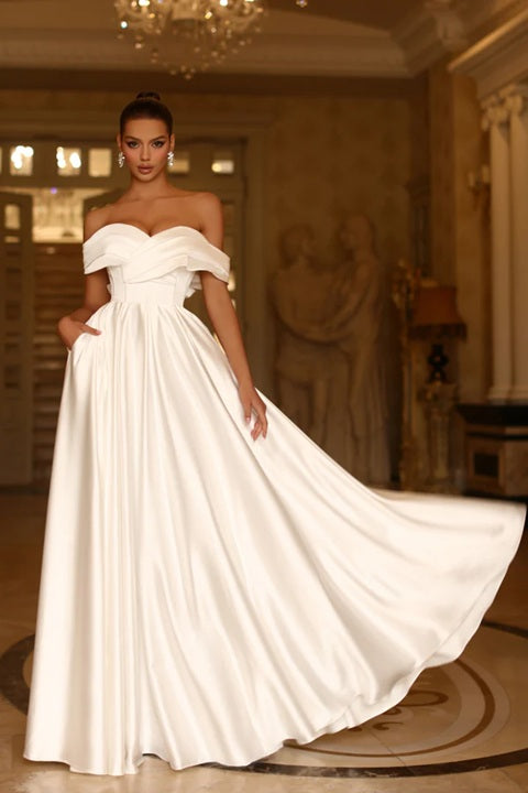72037. Elegant, satin princess off shoulder wedding gown.