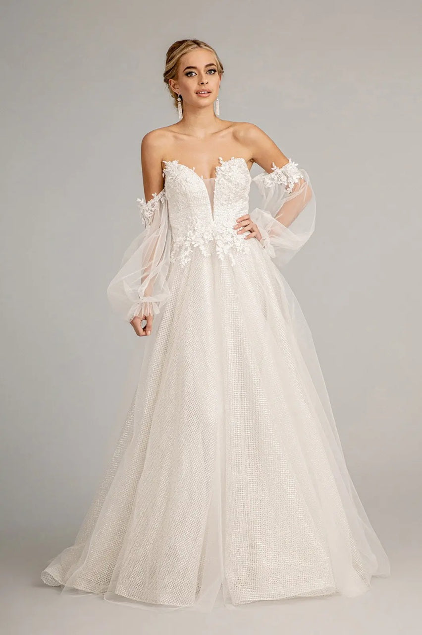 72053 A floral-embellished A-line gown. Detachable sleeves