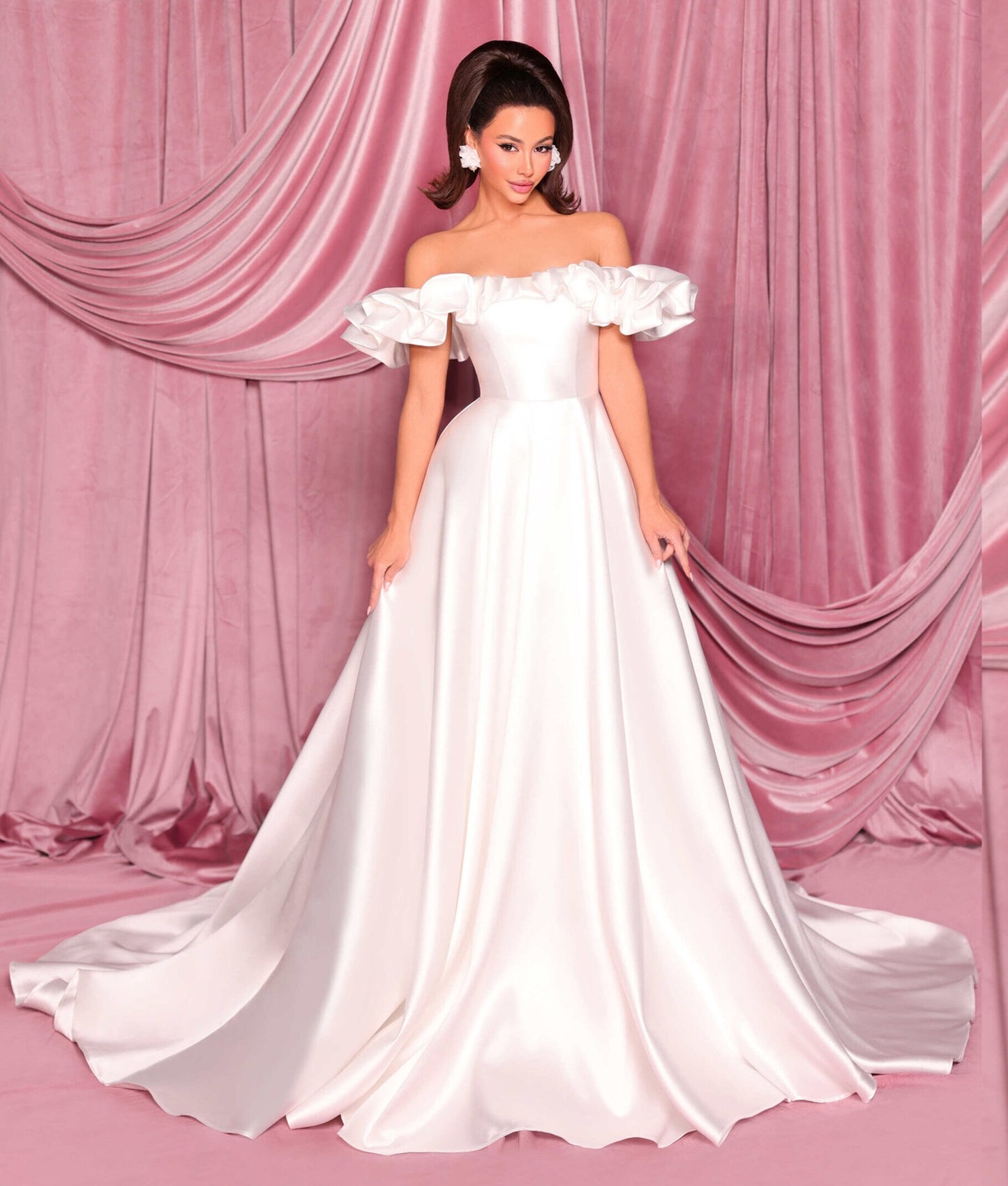 72068 Mikado satin. Ruffled, off the shoulder neckline.