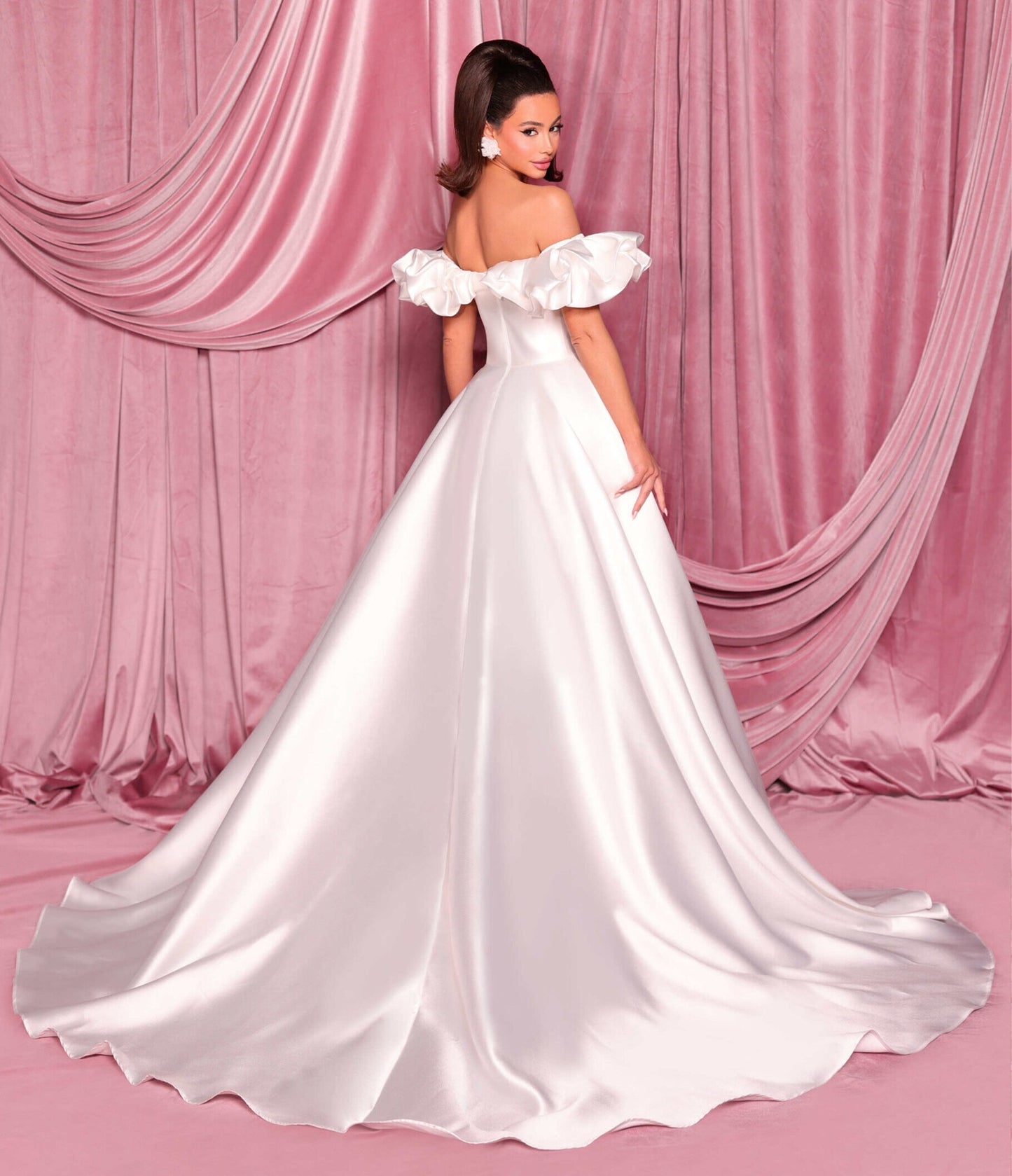 72068 Mikado satin. Ruffled, off the shoulder neckline.