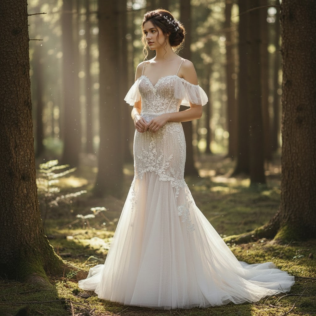 72097 Off shoulder, fit and flare with feminine whimsical beading