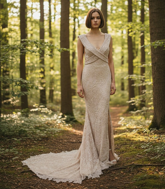 72099 glamourous fully beaded, gold mermaid dress.
