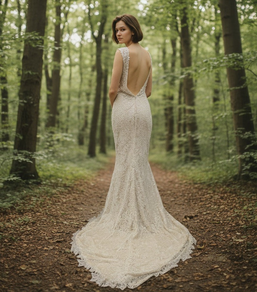72099 glamourous fully beaded, gold mermaid dress.