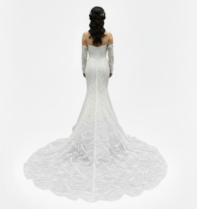 72101 Stunning beaded lace. Long train. Optional matching gloves