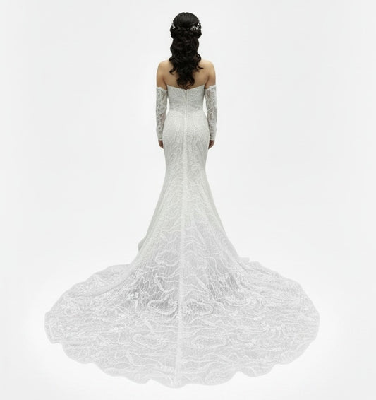 72101 Stunning beaded lace. Long train. Optional gloves