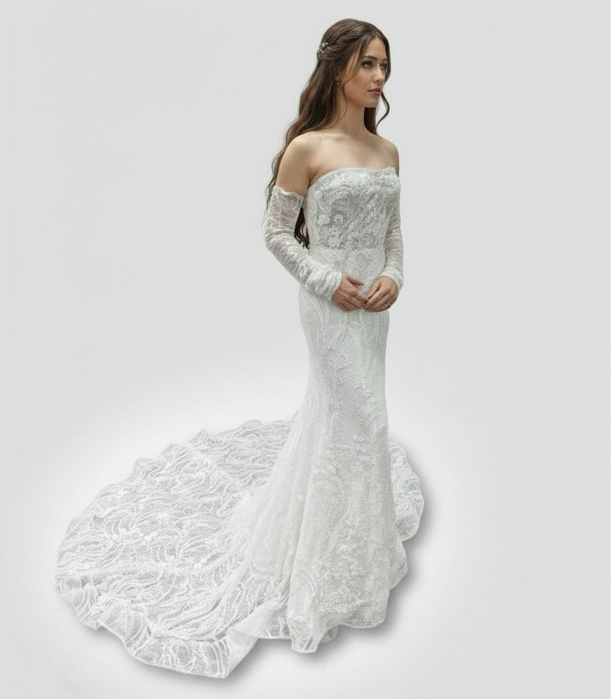 72101 Stunning beaded lace. Long train. Optional matching gloves