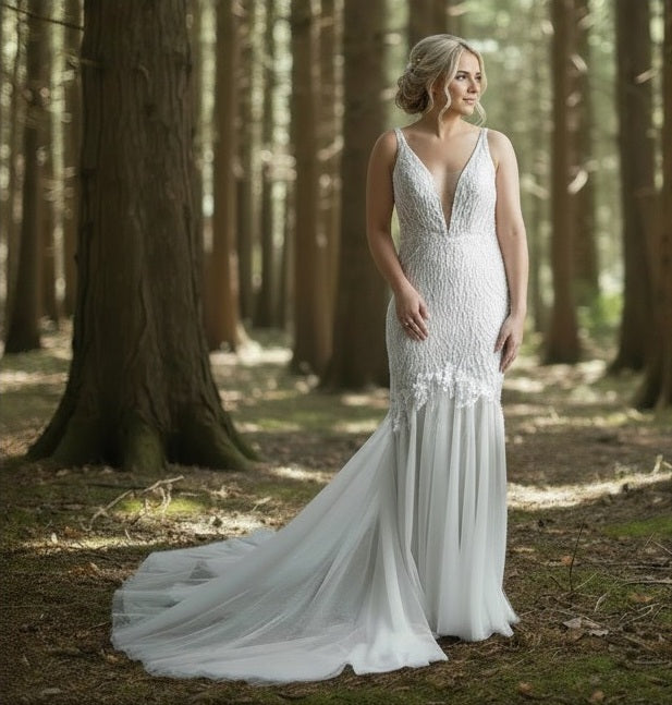 72102  Beaded fit and flare with feminine whimsical beading