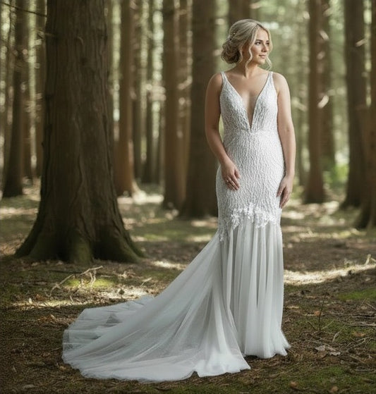 72102  Beaded fit and flare with feminine whimsical beading