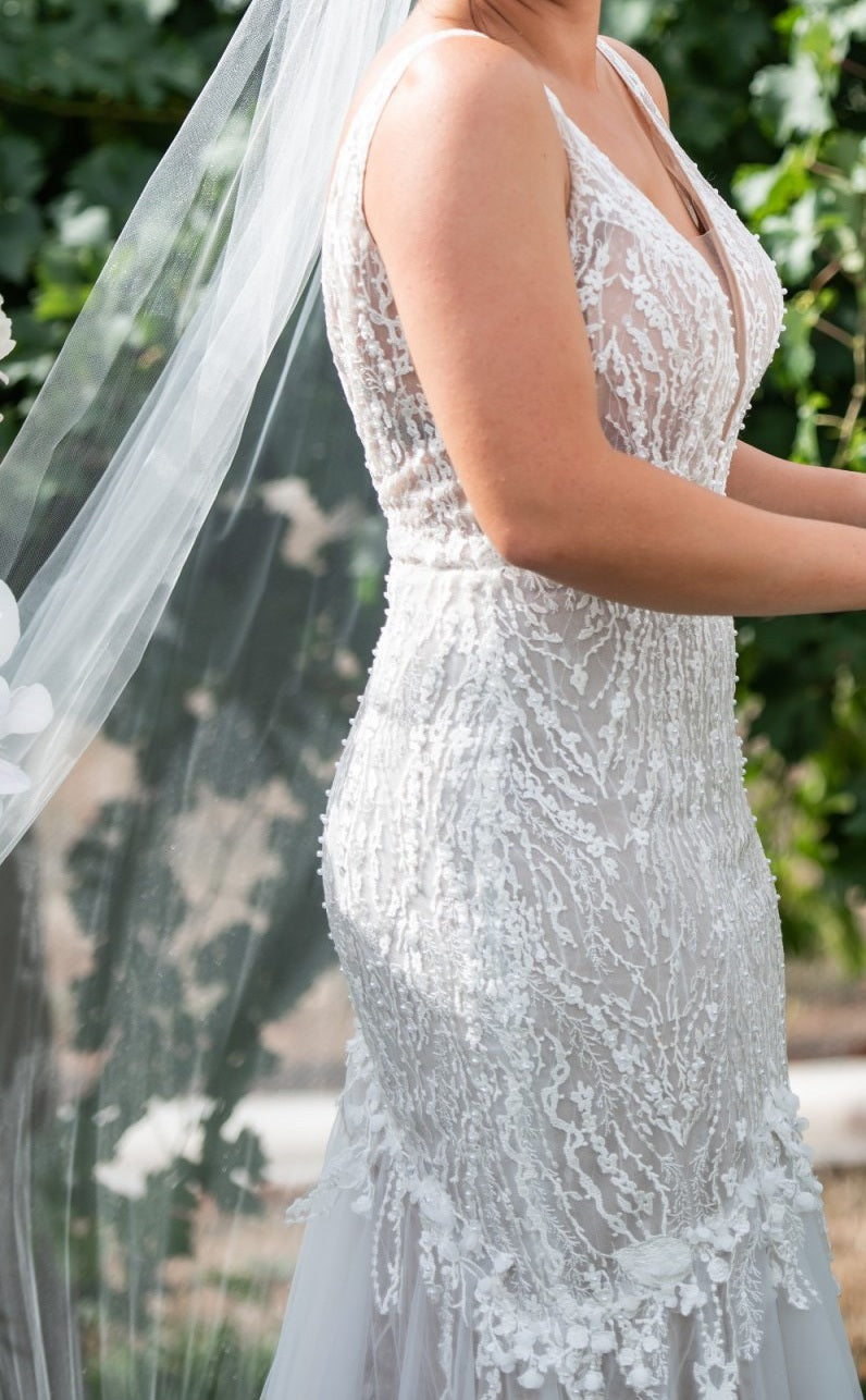 72102  Beaded fit and flare with feminine whimsical beading