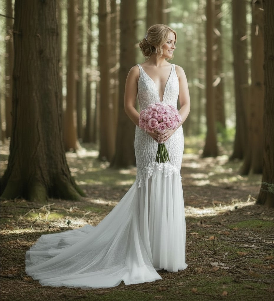 72102  Beaded fit and flare with feminine whimsical beading
