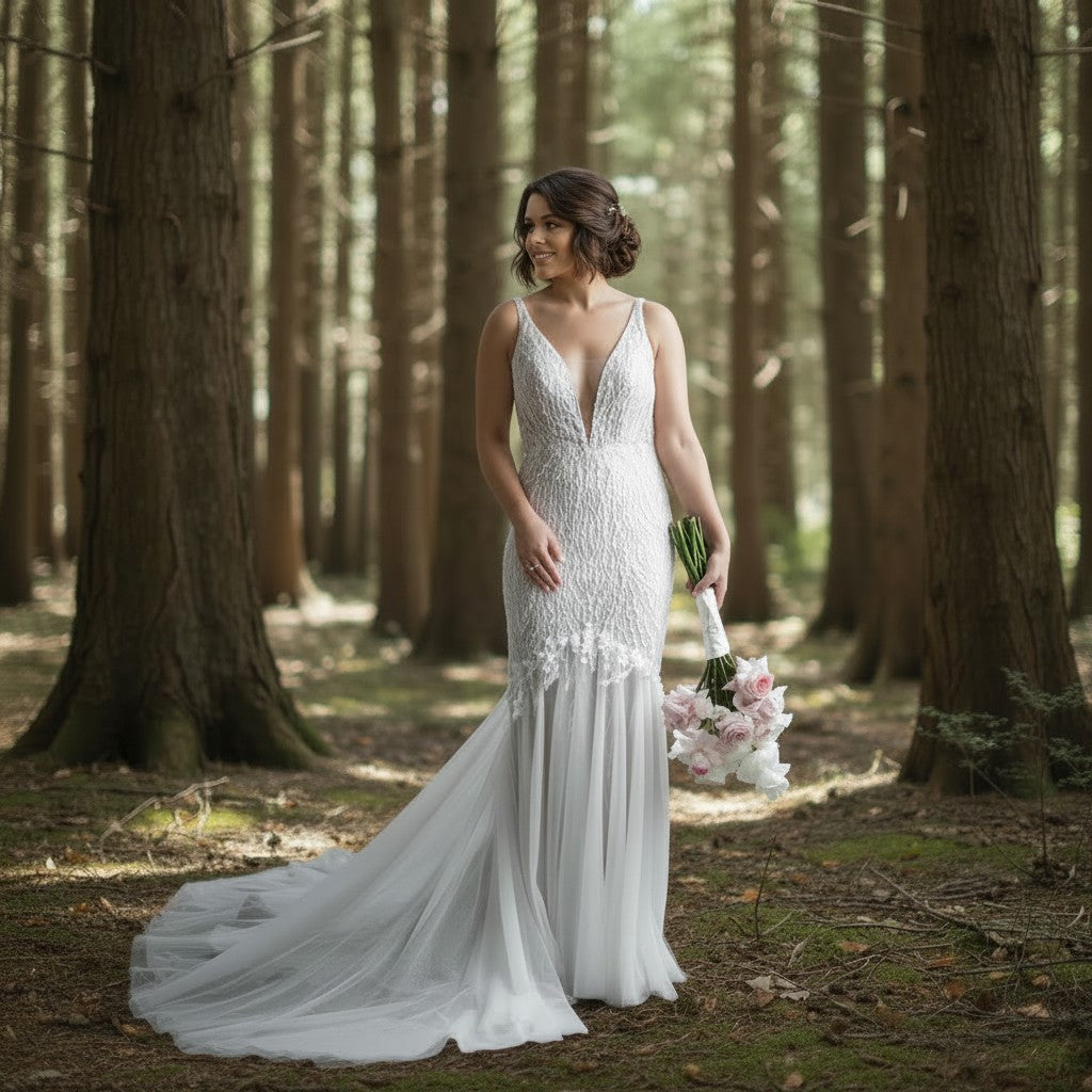 72102  Beaded fit and flare with feminine whimsical beading
