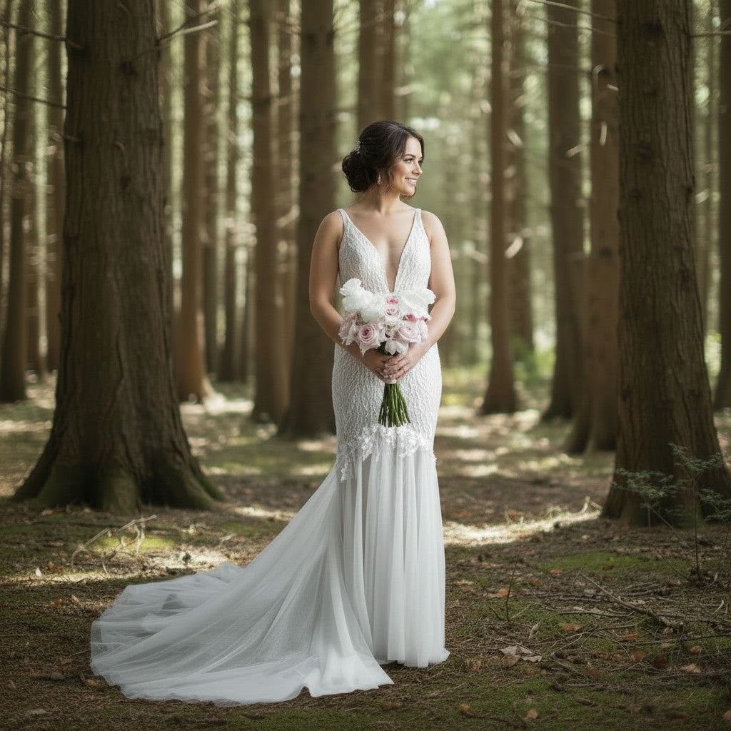 72102  Beaded fit and flare with feminine whimsical beading