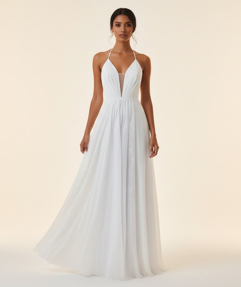 72107 V neckline, halter. White chiffon