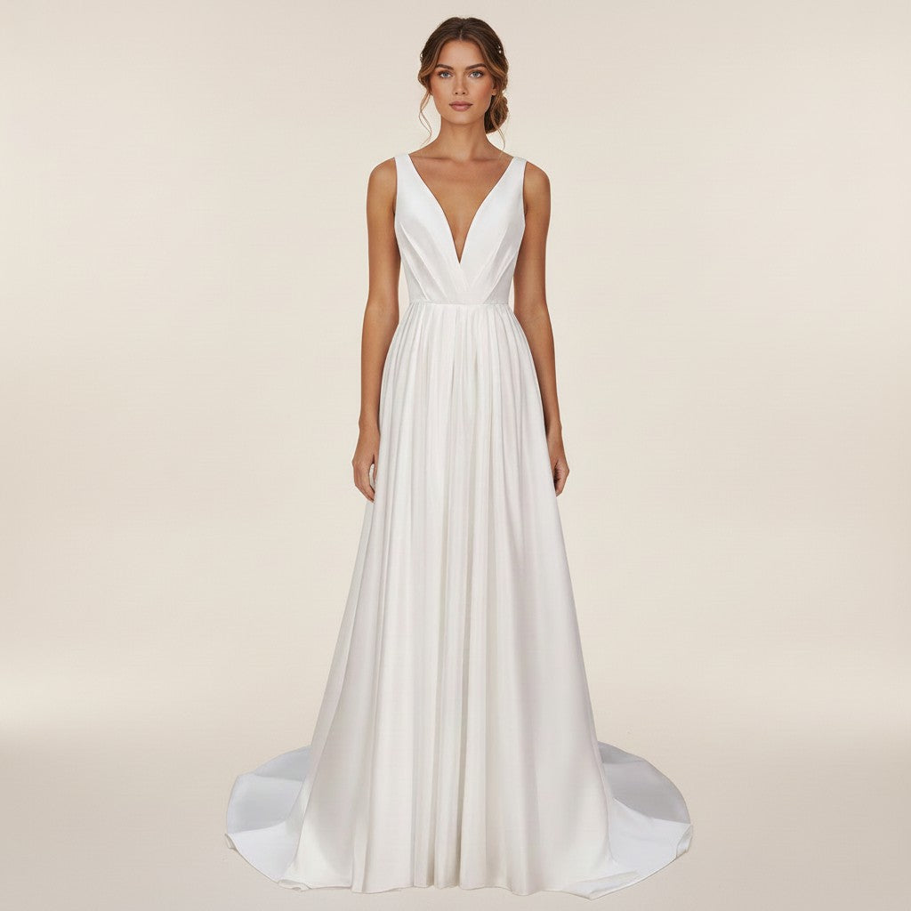 72150 Satin V-neck A-line. Optional floral overskirt