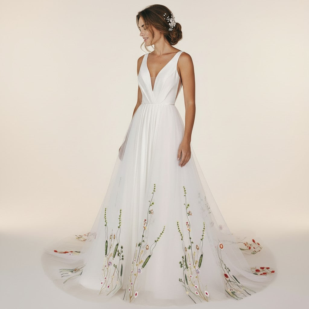 72150 Satin V-neck A-line. Optional floral overskirt