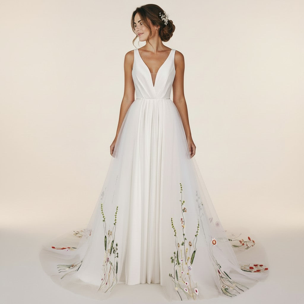 72150 Satin V-neck A-line. Optional floral overskirt