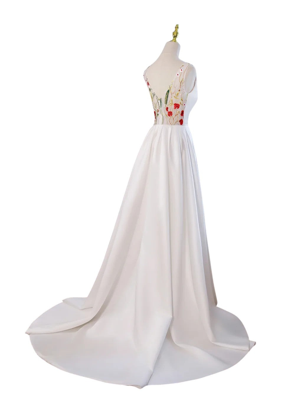 72150 Satin V-neck A-line. Optional floral overskirt