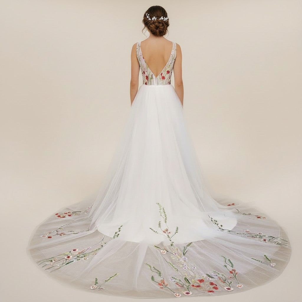 72150 Satin V-neck A-line. Optional floral overskirt