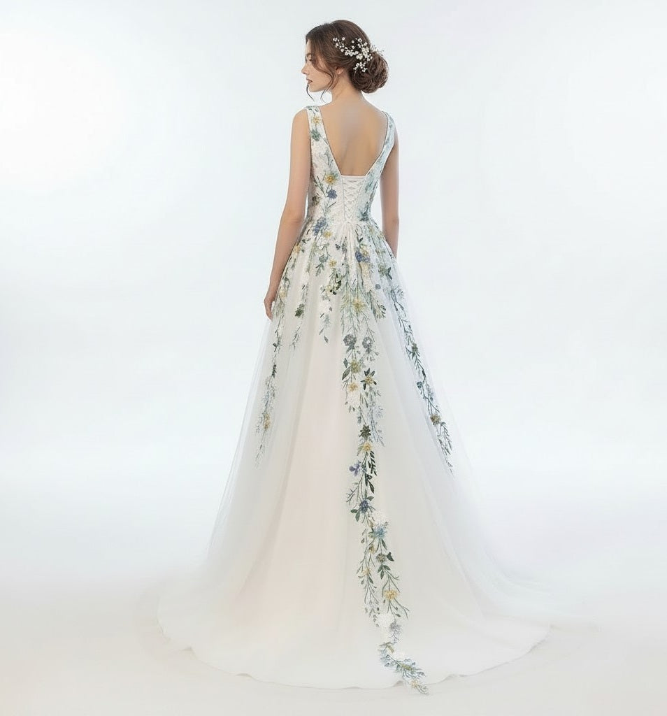 72155 Feminine bridal gown with floral detail