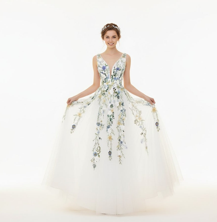 72155 Feminine bridal gown with floral detail