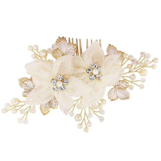 7521 Gold leaves and fabric blossoms. Beautiful comb
