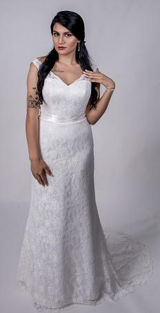 915 V neck, off white, lace fit and flare with optional satin belt