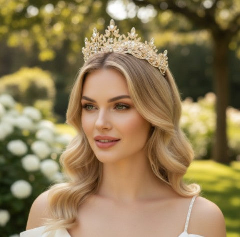 7702 Regal Crystal Tiara. Embellished with clear-cut crystals in a radiant gold finish.