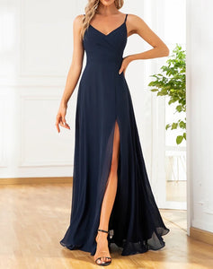 BB2060 Navy blue. Chiffon, spaghetti straps and split. Available to order. $179