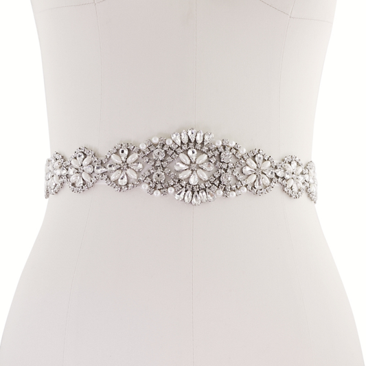 BBB17 Belt made of soft ivory satin ribbon with diamante and pearl detail