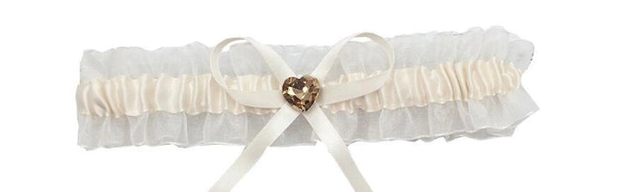 BBG10A White organza bridal garter with gold heart