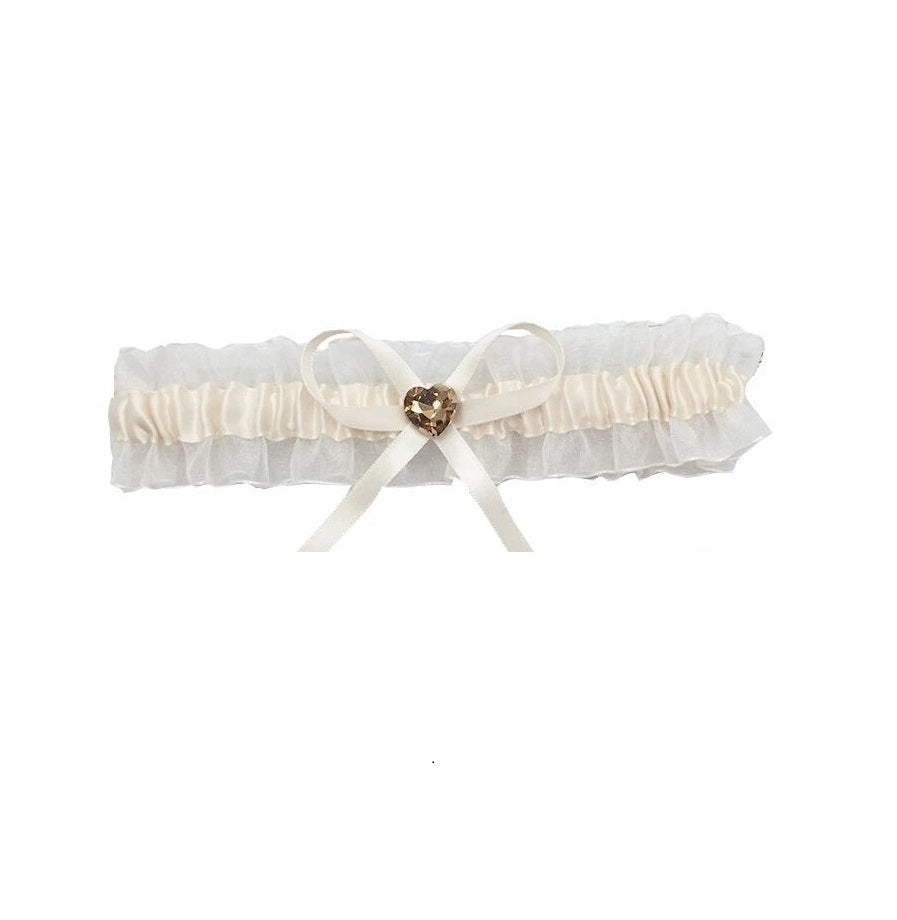 BBG10A White organza bridal garter with gold heart.