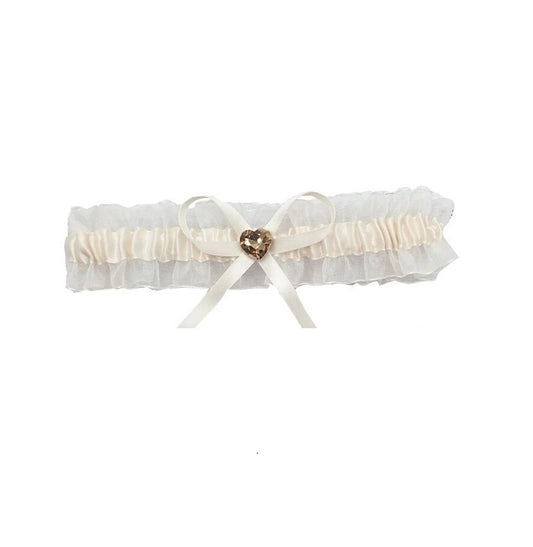 BBG10A White organza bridal garter with gold heart.
