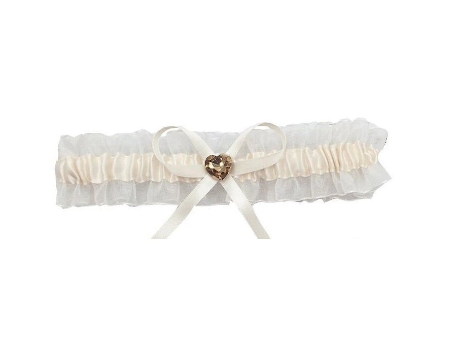 BBG10A White organza bridal garter with gold heart.