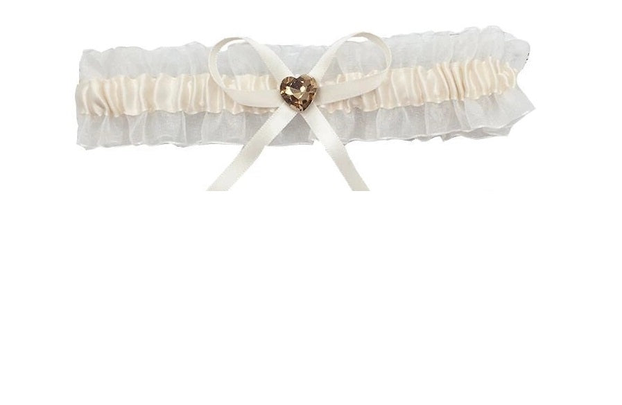 BBG10A White organza bridal garter with gold heart.