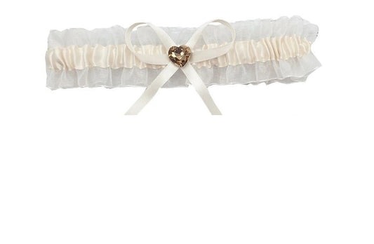 BBG10A White organza bridal garter with gold heart.