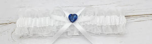 BBG11A White organza bridal garter with blue heart.